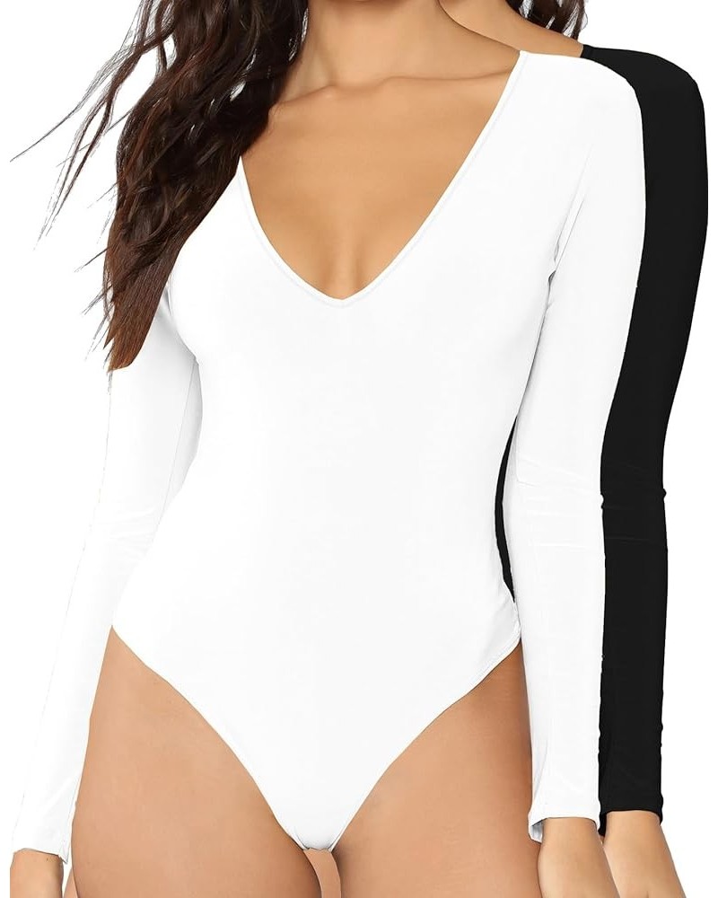 Women's V-Neck Long Sleevee Short Sleeve Tops Basic Bodysuit Long Sleeve Black +White 2 Pack $10.81 Bodysuits