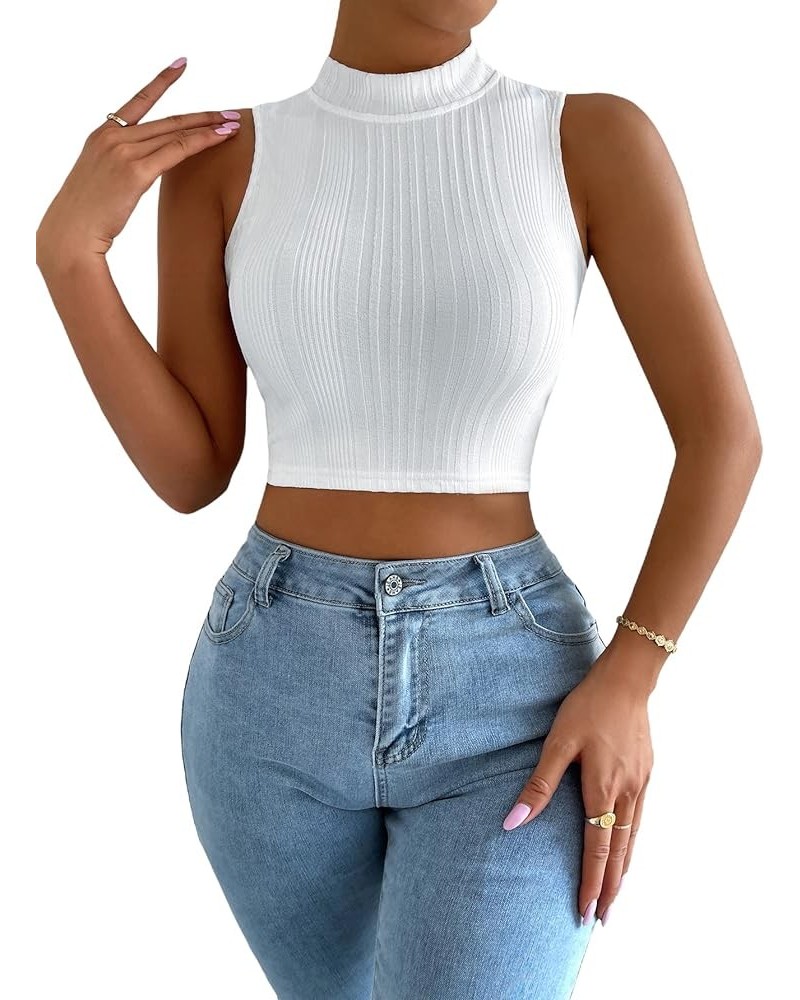 Women's Rib Knit Racerback Crop Tank Top Sleeveless Mock Neck Sweater Vest Knit White $14.99 Sweaters