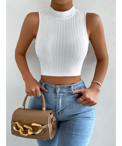 Women's Rib Knit Racerback Crop Tank Top Sleeveless Mock Neck Sweater Vest Knit White $14.99 Sweaters