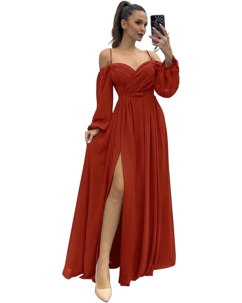 Long Sleeves Bridesmaid Dresses with Pockets for Wedding Chiffon Ruched Maxi Evening Party Dresses for Women Rust $27.84 Dresses