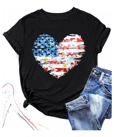 American Flag Heart Shirt Women Patriotic T-Shirt 4th of July Graphic Tees Shirts USA Flag Star Stripe Tops Black1 $9.20 T-Sh...