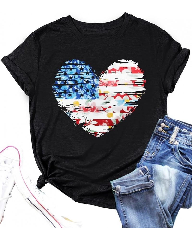 American Flag Heart Shirt Women Patriotic T-Shirt 4th of July Graphic Tees Shirts USA Flag Star Stripe Tops Black1 $9.20 T-Sh...