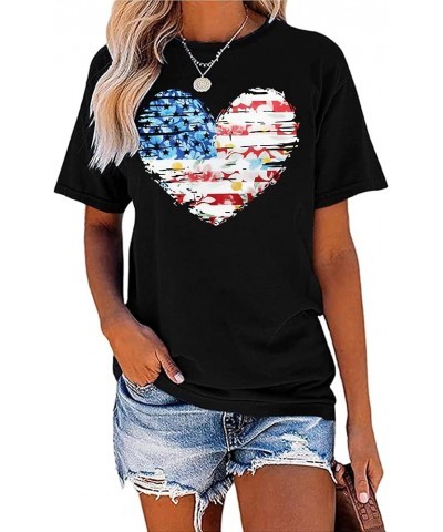 American Flag Heart Shirt Women Patriotic T-Shirt 4th of July Graphic Tees Shirts USA Flag Star Stripe Tops Black1 $9.20 T-Sh...