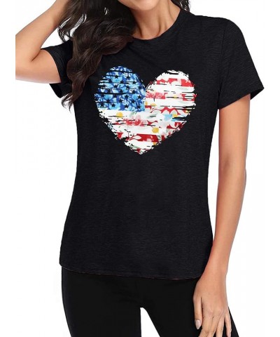 American Flag Heart Shirt Women Patriotic T-Shirt 4th of July Graphic Tees Shirts USA Flag Star Stripe Tops Black1 $9.20 T-Sh...