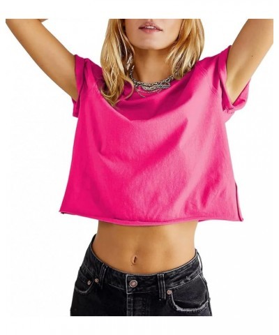 Womens Summer Short Sleeve Crewneck Crop Tops Loose Casual Solid T-Shirts Plain Short Basic Tees Hot Pink $9.63 T-Shirts