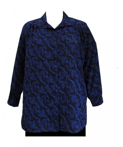 Women's Plus Size Long Sleeve Button-Front Tunic with Shirring Navy Swirls $27.00 Tops