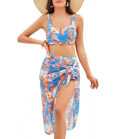 Women's Bathing Suit 3 Piece Bikini Sets High Waist Swimwear Sexy Printed Ruched Swimsuit with Cover Ups Blue Floral $23.51 S...