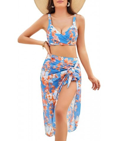 Women's Bathing Suit 3 Piece Bikini Sets High Waist Swimwear Sexy Printed Ruched Swimsuit with Cover Ups Blue Floral $23.51 S...