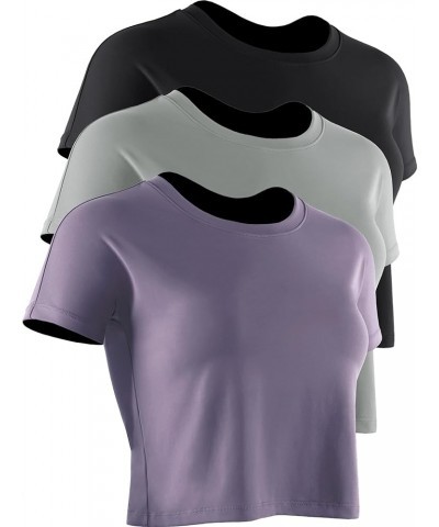 3 Pieces Workout Crop Tops Women Dry Fit Athletic Shirts Short Sleeve for Yoga Running 03: 3 Pieces,black,grey,purple $14.99 ...