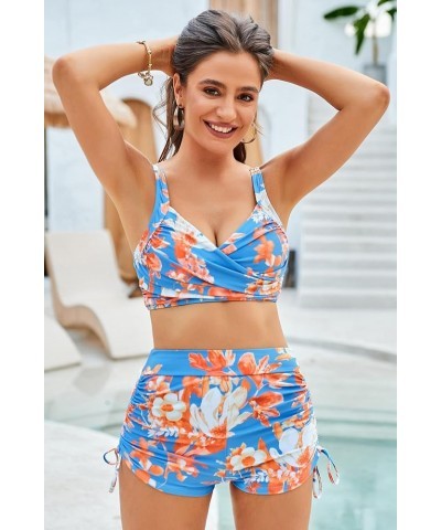 Women's Bathing Suit 3 Piece Bikini Sets High Waist Swimwear Sexy Printed Ruched Swimsuit with Cover Ups Blue Floral $23.51 S...