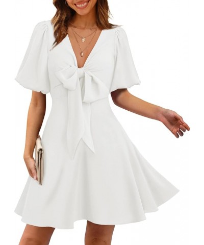 Women's Knot Front Casual Dresses V Neck Short Puff Sleeve Mini Dress 01- White $19.32 Dresses