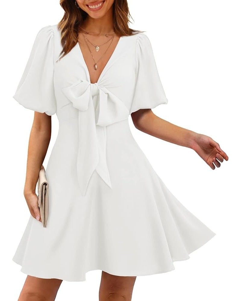 Women's Knot Front Casual Dresses V Neck Short Puff Sleeve Mini Dress 01- White $19.32 Dresses