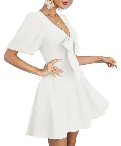 Women's Knot Front Casual Dresses V Neck Short Puff Sleeve Mini Dress 01- White $19.32 Dresses