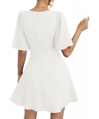 Women's Knot Front Casual Dresses V Neck Short Puff Sleeve Mini Dress 01- White $19.32 Dresses