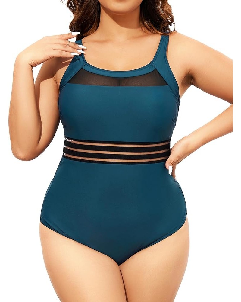 Women One Piece Swimsuits Plus Size Mesh High Neck Vintage Bathing Suits Turquoise $14.84 Swimsuits