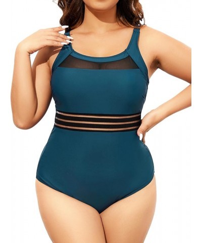 Women One Piece Swimsuits Plus Size Mesh High Neck Vintage Bathing Suits Turquoise $14.84 Swimsuits