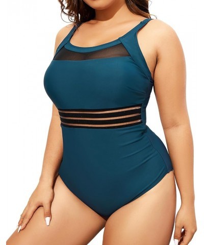 Women One Piece Swimsuits Plus Size Mesh High Neck Vintage Bathing Suits Turquoise $14.84 Swimsuits