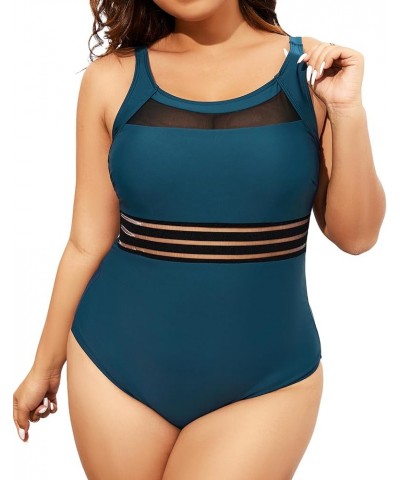 Women One Piece Swimsuits Plus Size Mesh High Neck Vintage Bathing Suits Turquoise $14.84 Swimsuits