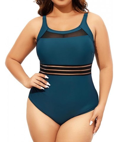 Women One Piece Swimsuits Plus Size Mesh High Neck Vintage Bathing Suits Turquoise $14.84 Swimsuits