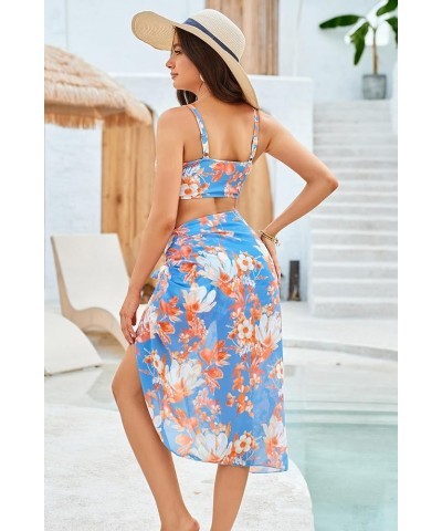 Women's Bathing Suit 3 Piece Bikini Sets High Waist Swimwear Sexy Printed Ruched Swimsuit with Cover Ups Blue Floral $23.51 S...