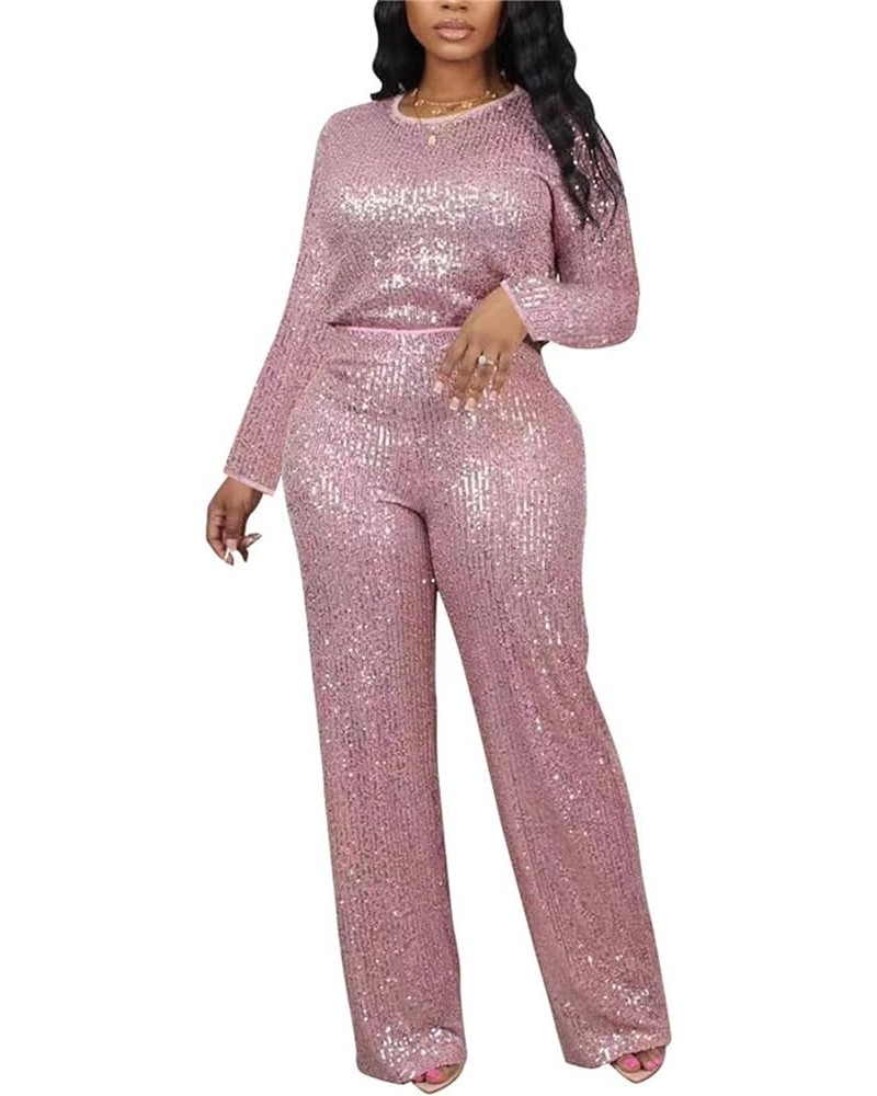 Women's Sparkly Glitter Sequin Trim 2 Piece Pants Suit Regular Fit Clubwear Suits Z-pink $31.31 Suits