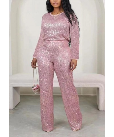 Women's Sparkly Glitter Sequin Trim 2 Piece Pants Suit Regular Fit Clubwear Suits Z-pink $31.31 Suits