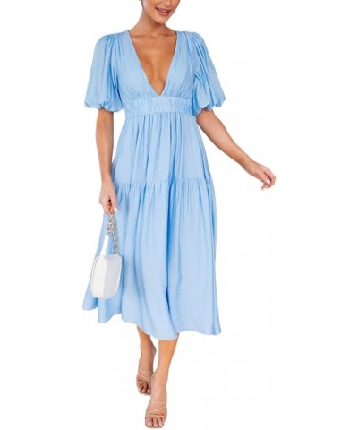 Women Puff Sleeve Maxi Dress Deep V-Neck Smocked Long Dress Sexy Flowy Zipper Back Summer Party Dress Maxi Length Blue $13.12...