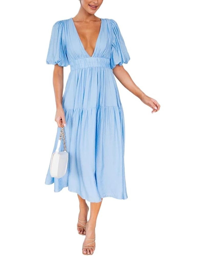 Women Puff Sleeve Maxi Dress Deep V-Neck Smocked Long Dress Sexy Flowy Zipper Back Summer Party Dress Maxi Length Blue $13.12...