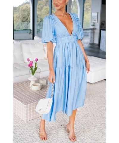 Women Puff Sleeve Maxi Dress Deep V-Neck Smocked Long Dress Sexy Flowy Zipper Back Summer Party Dress Maxi Length Blue $13.12...