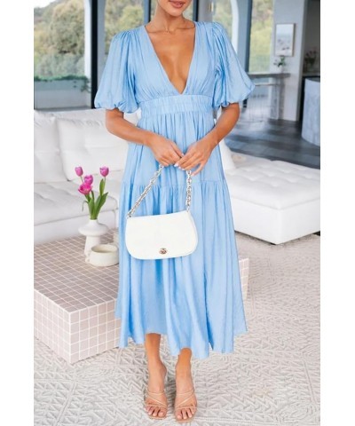 Women Puff Sleeve Maxi Dress Deep V-Neck Smocked Long Dress Sexy Flowy Zipper Back Summer Party Dress Maxi Length Blue $13.12...