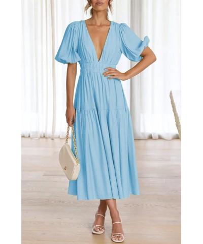 Women Puff Sleeve Maxi Dress Deep V-Neck Smocked Long Dress Sexy Flowy Zipper Back Summer Party Dress Maxi Length Blue $13.12...