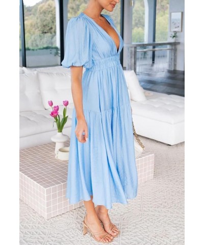 Women Puff Sleeve Maxi Dress Deep V-Neck Smocked Long Dress Sexy Flowy Zipper Back Summer Party Dress Maxi Length Blue $13.12...