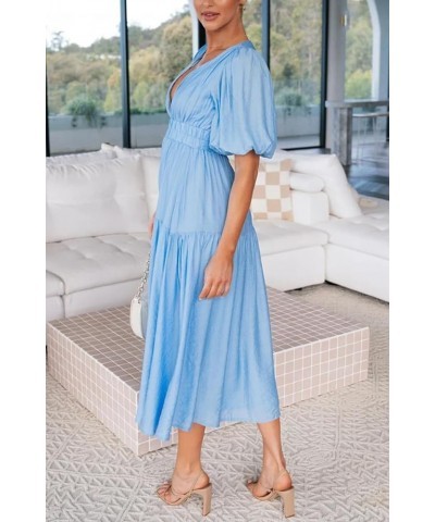 Women Puff Sleeve Maxi Dress Deep V-Neck Smocked Long Dress Sexy Flowy Zipper Back Summer Party Dress Maxi Length Blue $13.12...