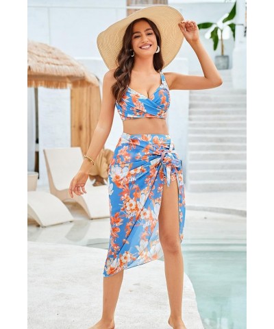 Women's Bathing Suit 3 Piece Bikini Sets High Waist Swimwear Sexy Printed Ruched Swimsuit with Cover Ups Blue Floral $23.51 S...