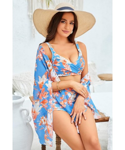 Women's Bathing Suit 3 Piece Bikini Sets High Waist Swimwear Sexy Printed Ruched Swimsuit with Cover Ups Blue Floral $23.51 S...