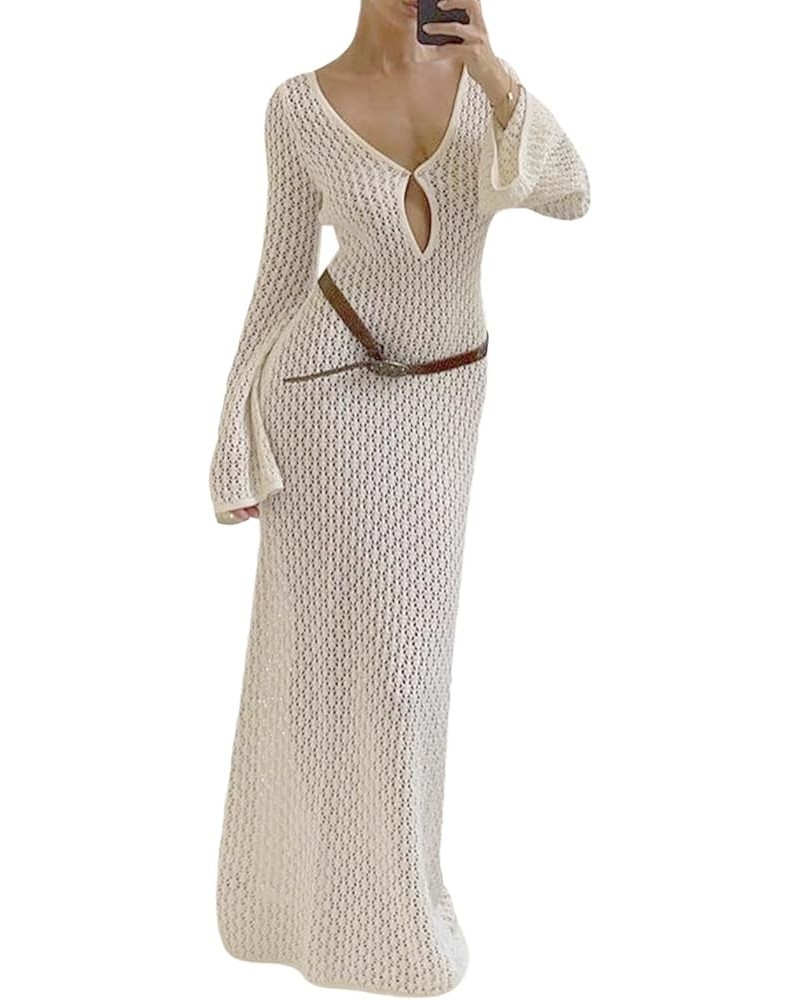 Women Crochet Cover Up Long Dress Long Sleeve Backless Hollow Out Maxi Dress See Through Beach Bikini Swimsuit Dress A Cutout...