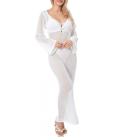 Women Crochet Cover Up Long Dress Long Sleeve Backless Hollow Out Maxi Dress See Through Beach Bikini Swimsuit Dress A Cutout...