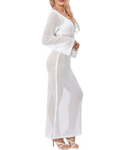 Women Crochet Cover Up Long Dress Long Sleeve Backless Hollow Out Maxi Dress See Through Beach Bikini Swimsuit Dress A Cutout...