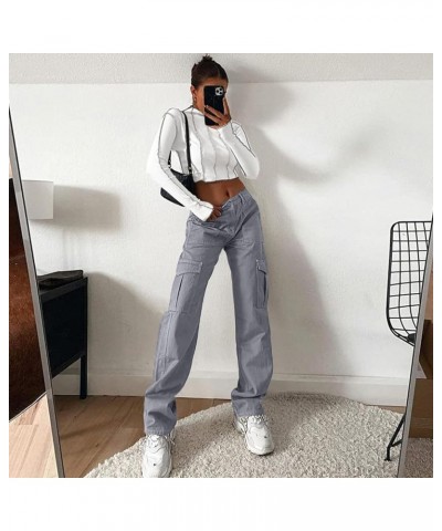 Cargo Pants for Women High Waisted Casual Pants Baggy Stretchy Wide Leg Y2K Streetwear with 6 Pockets Blue Grey $16.10 Pants