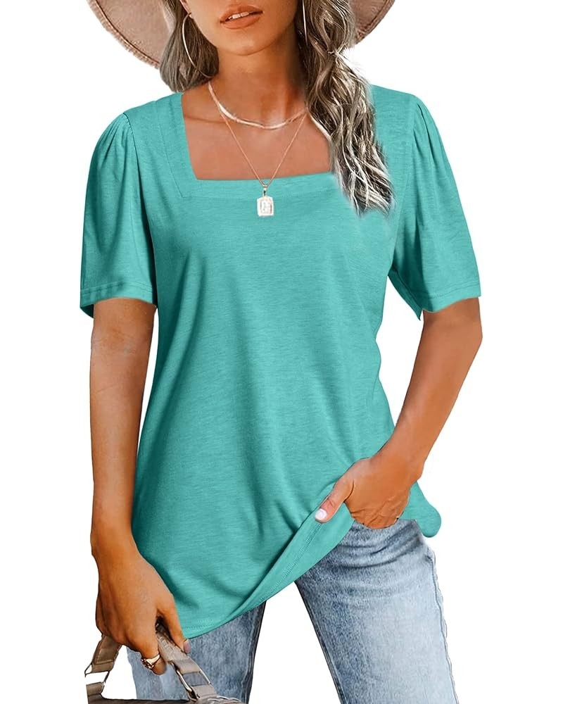 Womens Tops Casual Short Sleeve Square Neck Shirts Puff Sleeve Tshirts Loose Casual Blouse Summer Tee Cyan $11.72 Blouses