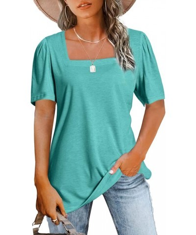 Womens Tops Casual Short Sleeve Square Neck Shirts Puff Sleeve Tshirts Loose Casual Blouse Summer Tee Cyan $11.72 Blouses