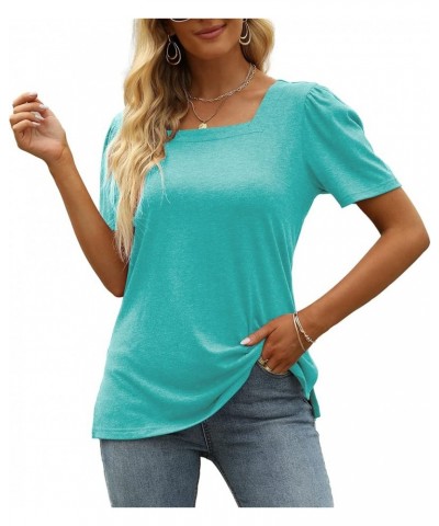 Womens Tops Casual Short Sleeve Square Neck Shirts Puff Sleeve Tshirts Loose Casual Blouse Summer Tee Cyan $11.72 Blouses