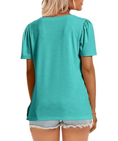 Womens Tops Casual Short Sleeve Square Neck Shirts Puff Sleeve Tshirts Loose Casual Blouse Summer Tee Cyan $11.72 Blouses