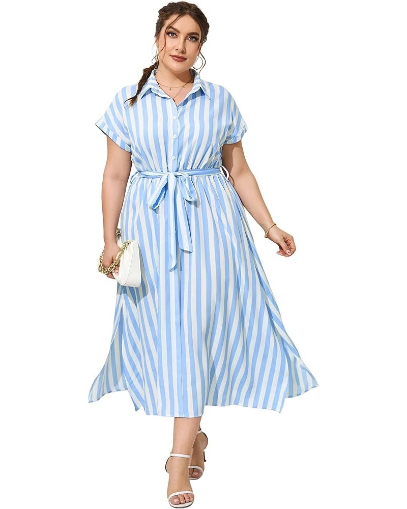 Plus Size Maxi Dresses for Women Summer Tie Belt Work Polo Dress Business Casual Button Down Dress Strip-white Blue $25.19 Dr...