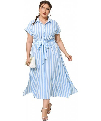 Plus Size Maxi Dresses for Women Summer Tie Belt Work Polo Dress Business Casual Button Down Dress Strip-white Blue $25.19 Dr...