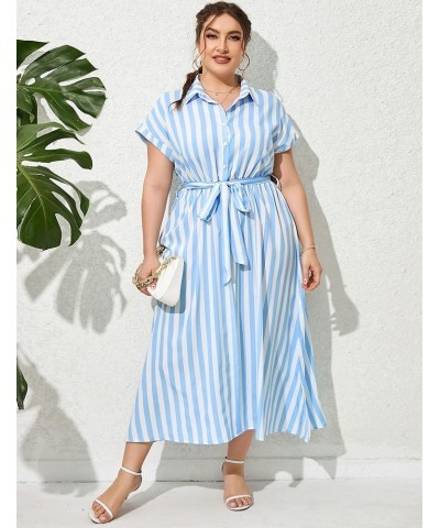 Plus Size Maxi Dresses for Women Summer Tie Belt Work Polo Dress Business Casual Button Down Dress Strip-white Blue $25.19 Dr...