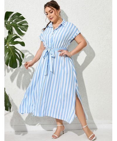 Plus Size Maxi Dresses for Women Summer Tie Belt Work Polo Dress Business Casual Button Down Dress Strip-white Blue $25.19 Dr...