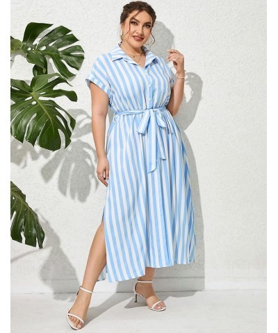 Plus Size Maxi Dresses for Women Summer Tie Belt Work Polo Dress Business Casual Button Down Dress Strip-white Blue $25.19 Dr...