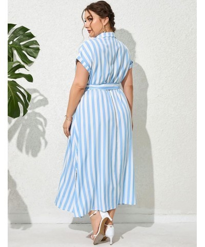 Plus Size Maxi Dresses for Women Summer Tie Belt Work Polo Dress Business Casual Button Down Dress Strip-white Blue $25.19 Dr...