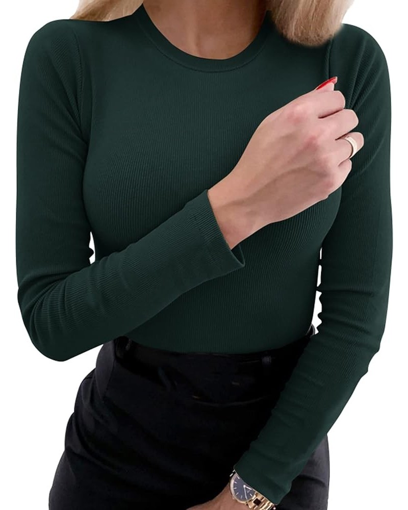 Women’s Long Sleeve Crewneck Ribbed Fitted Knit Shirts BasicTops Dark Green $15.07 T-Shirts